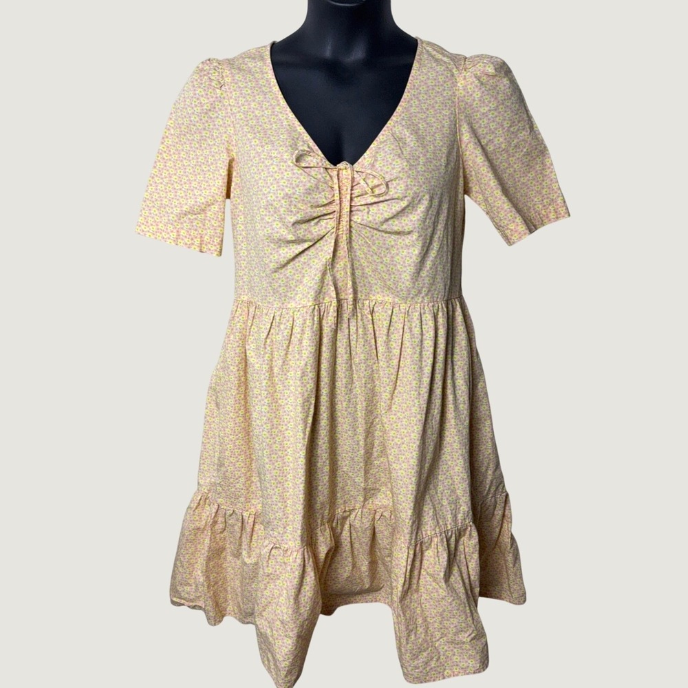 Levi's Marcella Trapeze Floral Ruched Mini Dress Yellow Pink S A5840-0001 NWT